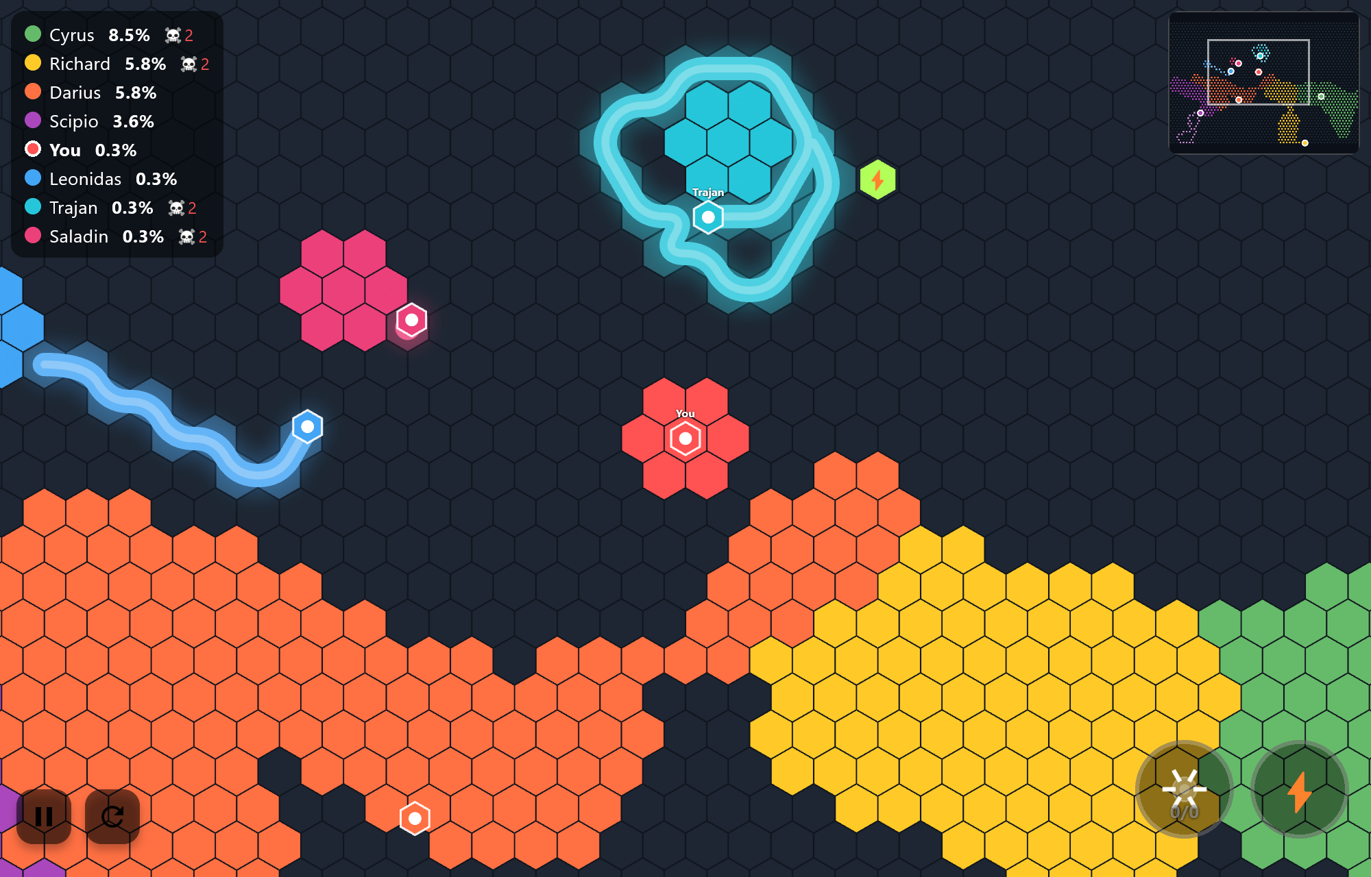 Hexarena gameplay showing coloured territories, player trails, the leaderboard, and minimap.